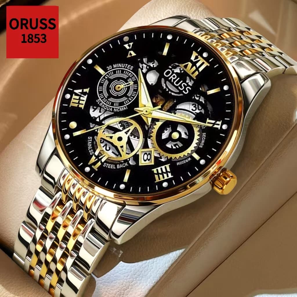 ORUSS Original masculino aço inoxidável oco calendário de luxo luminoso à prova dwaterproof água moda relógio negócios v