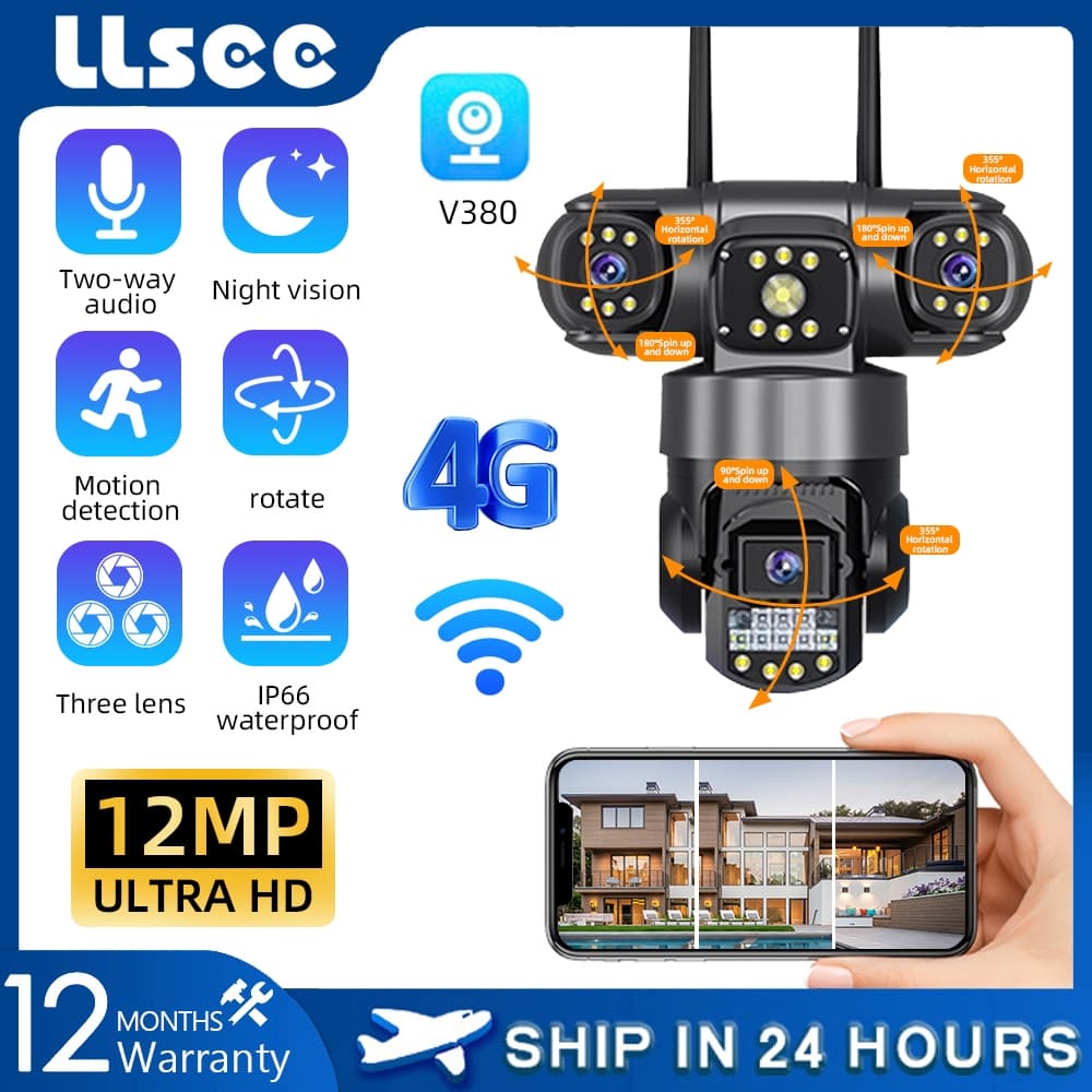 LLSEE v380 Três Lentes 6K HD Ao Ar Livre CCTV Sem Fio wifi IP66 À Prova Dip66 Água 4G SIM Cor Visão Noturna 360 Rastream