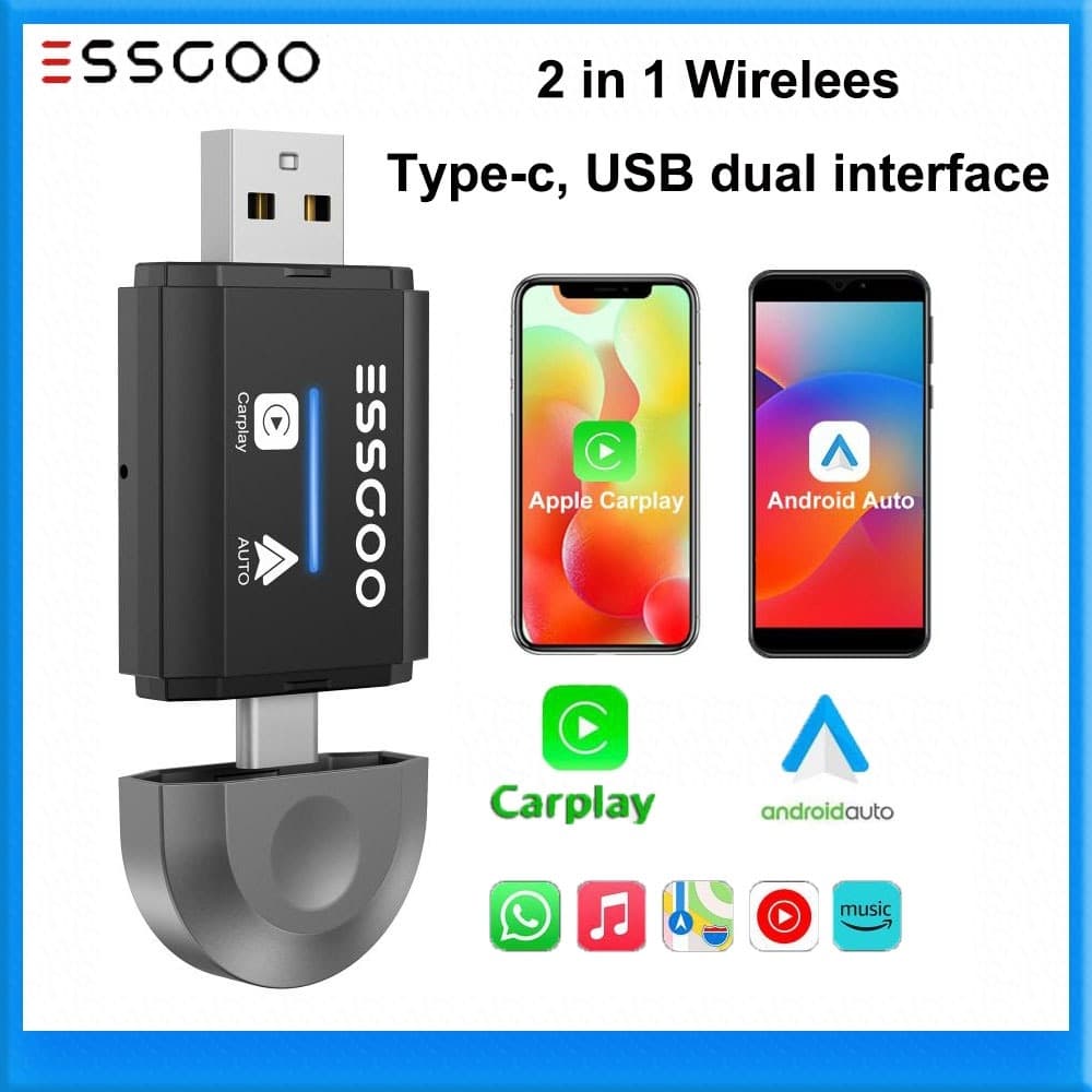 (Do São Paulo)ESSGOO Adaptador Carplay Com Fio Para Android Auto 2 Em 1 Mini Plug and Play Compatível Conexão Rápida