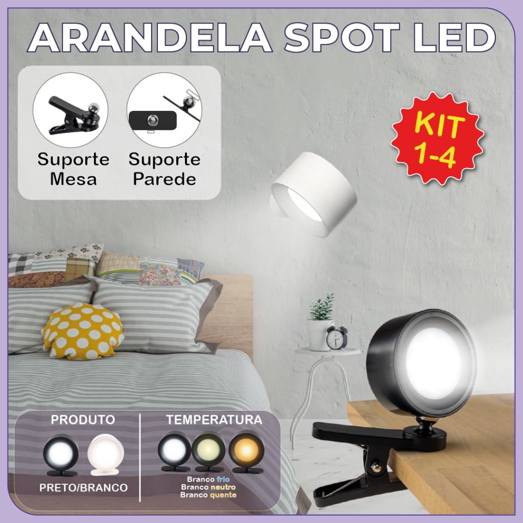Luminária Spot Led 8W Arandela Cabeceira Luz de Parede 3 Tons de Luz Recarregável USB