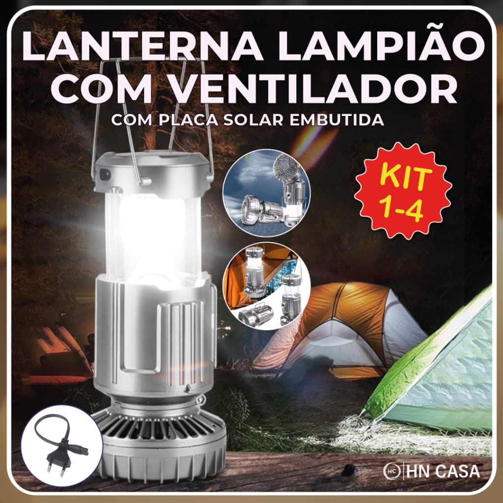 Lanterna Lampião com Ventilador LED c/ Placa Solar embutida Recarregável via usb e tomada