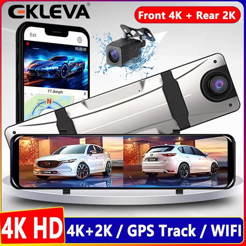 EKLEVA 4K + 2K 12 Polegada WIFI Espelho Retrovisor Traço Cam Câmera 3840 * 2160P Carro Dvr Rastreador Gravação De Vídeo