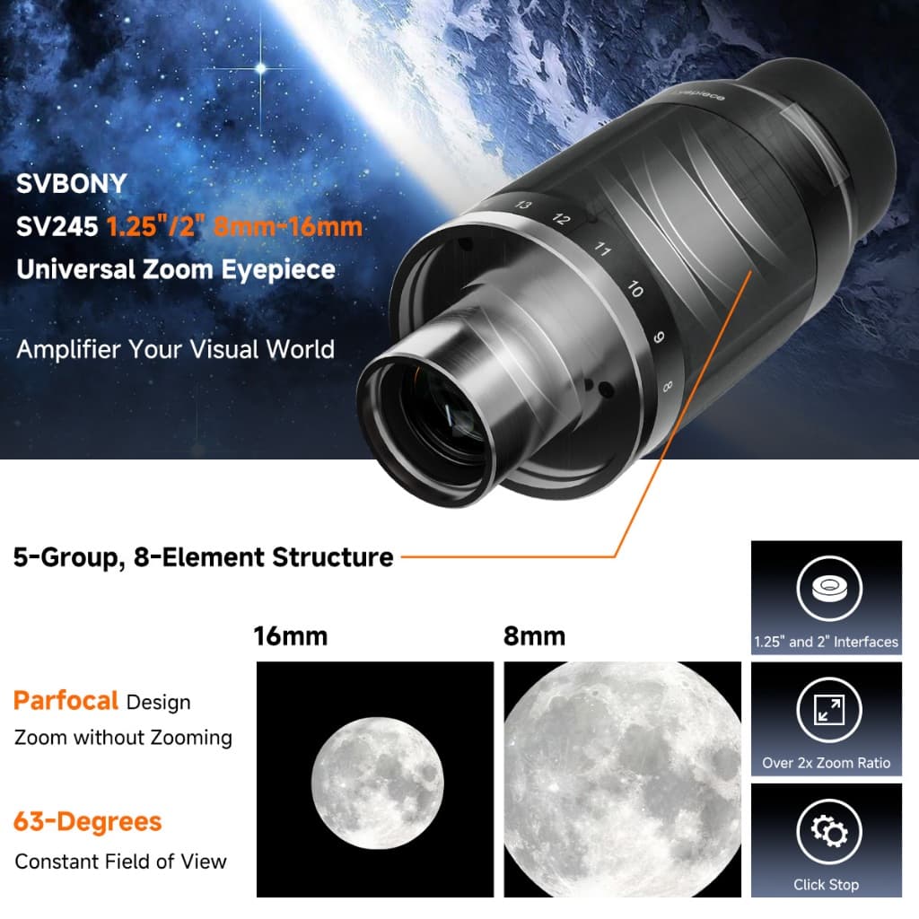 Ocular Com Zoom Planetário Profissional Svbony SV245 50 °-70 Aparent Field of View Interface De Lente Dupla De 1.25 " 2