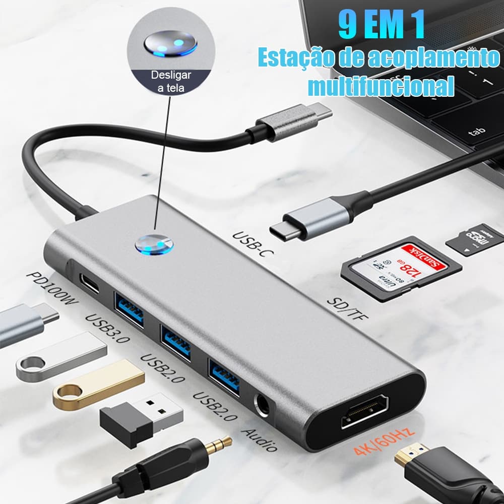 Porta Hub USB 9Em1 Leitor Cartão SD Type C Para Estação De Acoplamento De Áudio De 3.5Mm PD HDMI