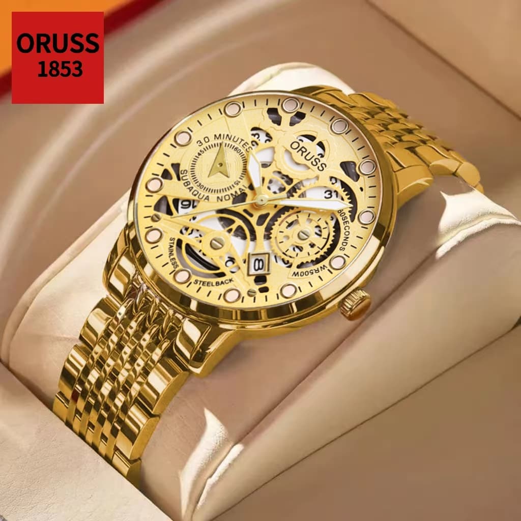 ORUSS Original masculino luminoso aço inoxidável calendário de luxo ouro à prova dwaterproof água relógio moda negócios