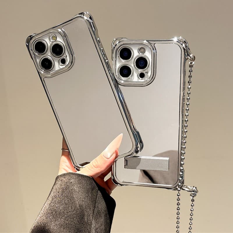 Capa Crossbody De Maquiagem Espelhada Prateada Para iPhone 11 12 13 14 15 16 Pro Max 16 Plus Com Suporte Dobrável De Met