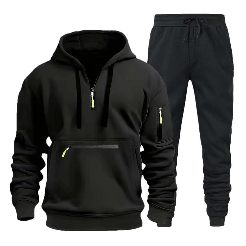 Novo outono inverno terno masculino com capuz zíper Multi-bolso zíper pulôver + moletom esportes Casual terno de duas pe
