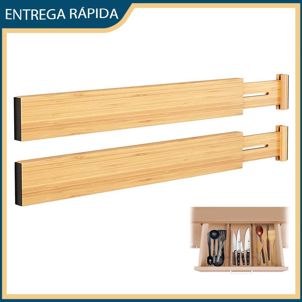 2x Organizador ajustável para gavetas de bambu para cozinha, banheiro, quarto, gavetas e escrivaninhas 43-56cm
