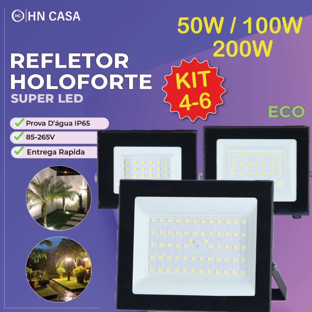 Kit 6 Holofote Refletor Led ECO Pro 200W 100W 50W Luz Fria 6500K IP65 Bivolt Iluminação Externa