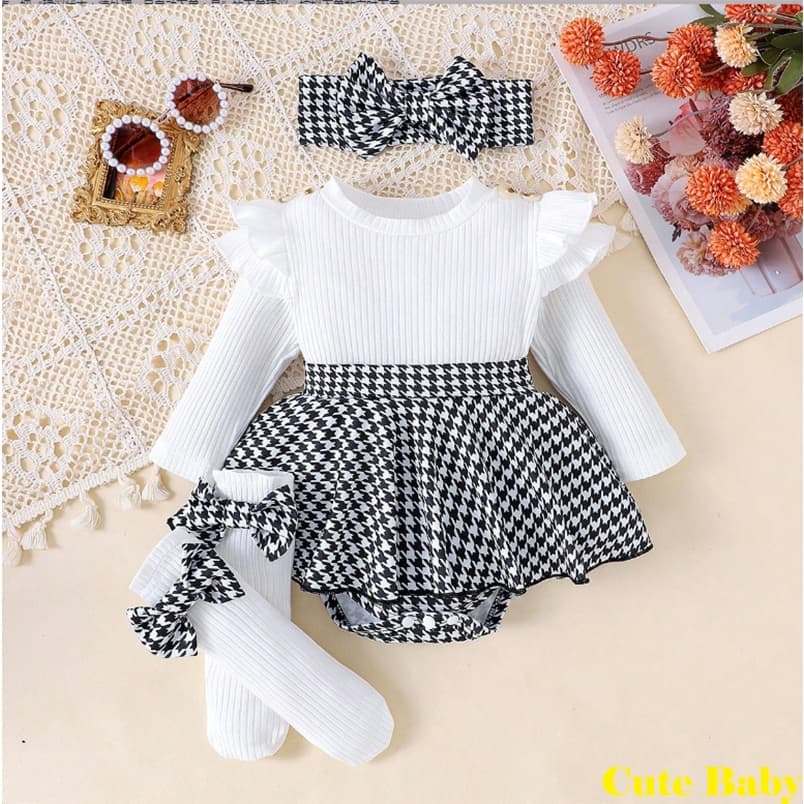 Macacão Infantil Bebê para Meninas manga Longa Xadrez Estampado Vestido com Faixa na Cabeça Meias Compridas,0-18 M