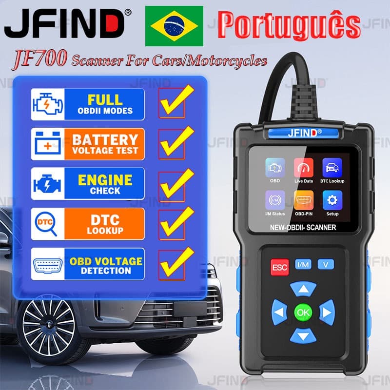 【Português】Leitor de código de falha do scanner de carro JFIND JF700 OBD2 Ferramenta de diagnóstico automotivo