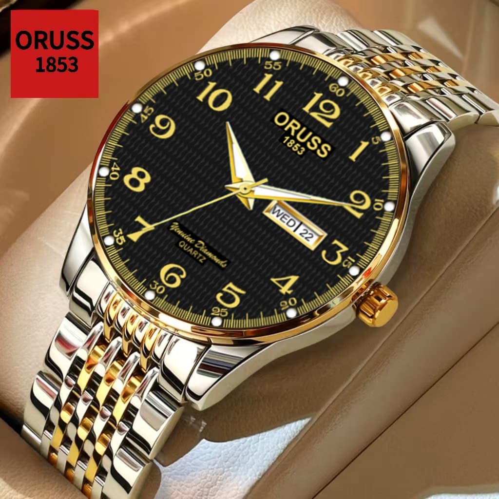 ORUSS Original masculino calendário duplo luxo aço inoxidável luminoso moda à prova dwaterproof água relógio de negócios