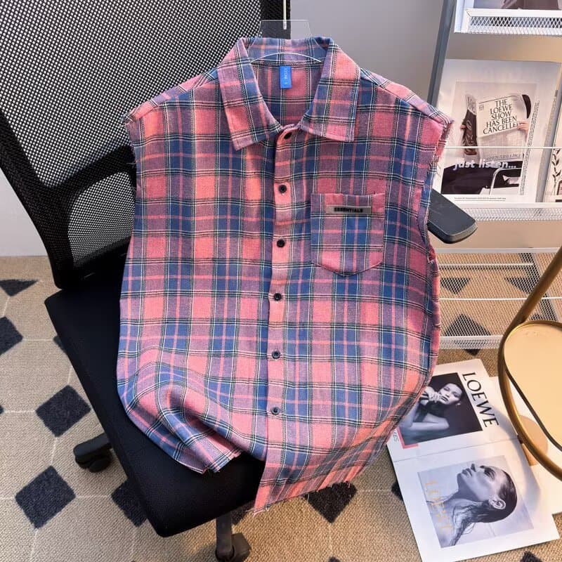 Colete xadrez masculino verão sem mangas colete Hip Hop Retro camisa xadrez