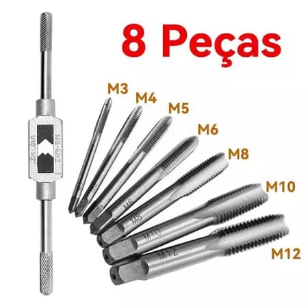 Kit Jogo De Tarraxas Macho Para Abrir Roscas C/ 8 Peças M3 A M12 Resistente