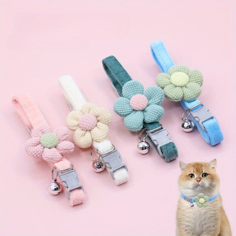 Coleira De Sino De Flor Fofa Para Gatos E Cães Pequenos , Colar De Fibra De Poliéster Animais De Estimação , Ajustável ,