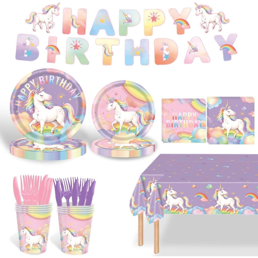Conjunto De Suprimentos Para Festas De Unicórnio , Decorações De Aniversário Meninas , Pratos E Guardanapos , Copos , Ga