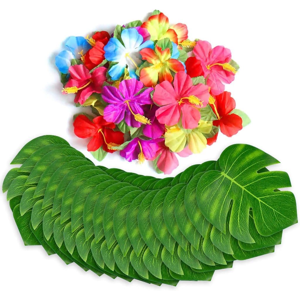 60 Peças Decorações De Festa Tropical Suprimentos Folhas De Palmeira Tropicais Simulação De Flor De Hibisco Folha Artifi