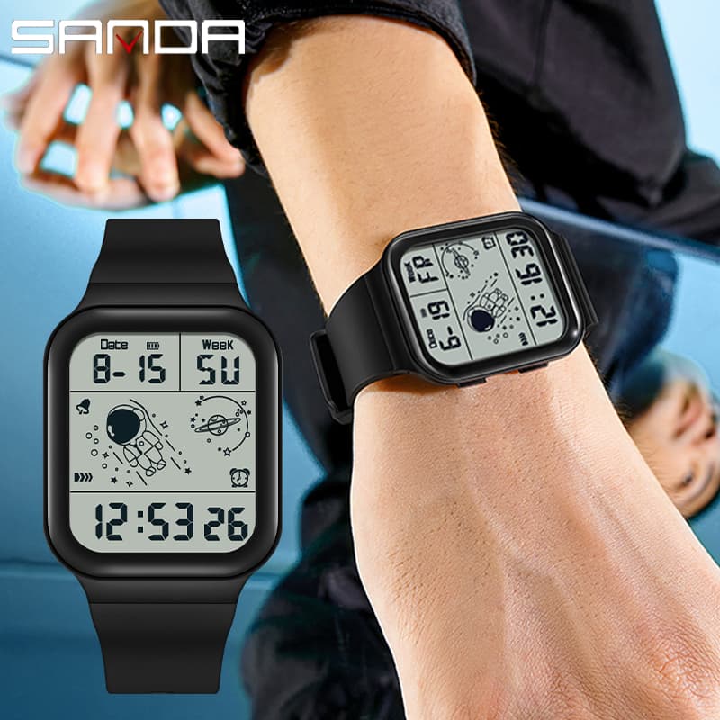 Sanda 6052 Display LED Relógio Digital Quadrado Astronauta Design Masculino Feminino Tendência Da Moda Juventude Eletrôn