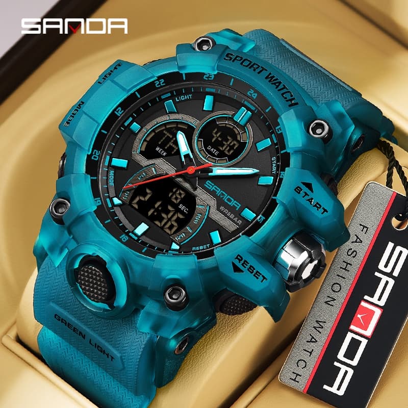SANDA 6198 Moda Cool Night Light Tela Dupla Multifuncional Esportes Ao Ar Livre À Prova D'água Relógio Eletrônico Mascul
