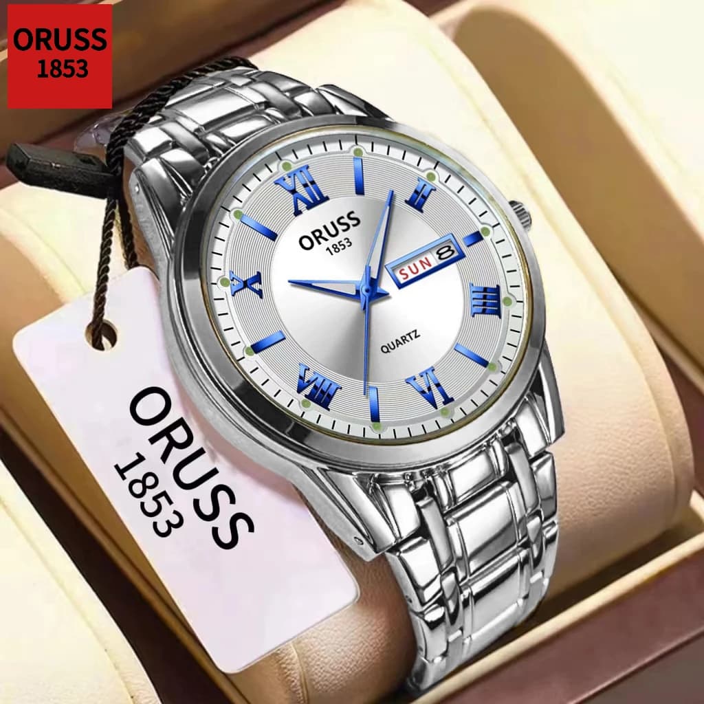 ORUSS Original Masculino Calendário Duplo Aço Inoxidável Luxo À Prova D 'Água Luminosa Moda Relógio Prata Coreano Relógi
