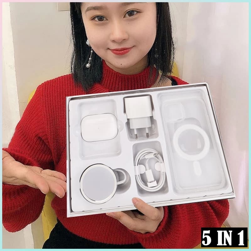 2025 Novo Kit 5 em 1 MagSafe para iPhone | Inclui Capa + Cabo + Suporte AirPods | Compatível com 11mini/XSR/12-15