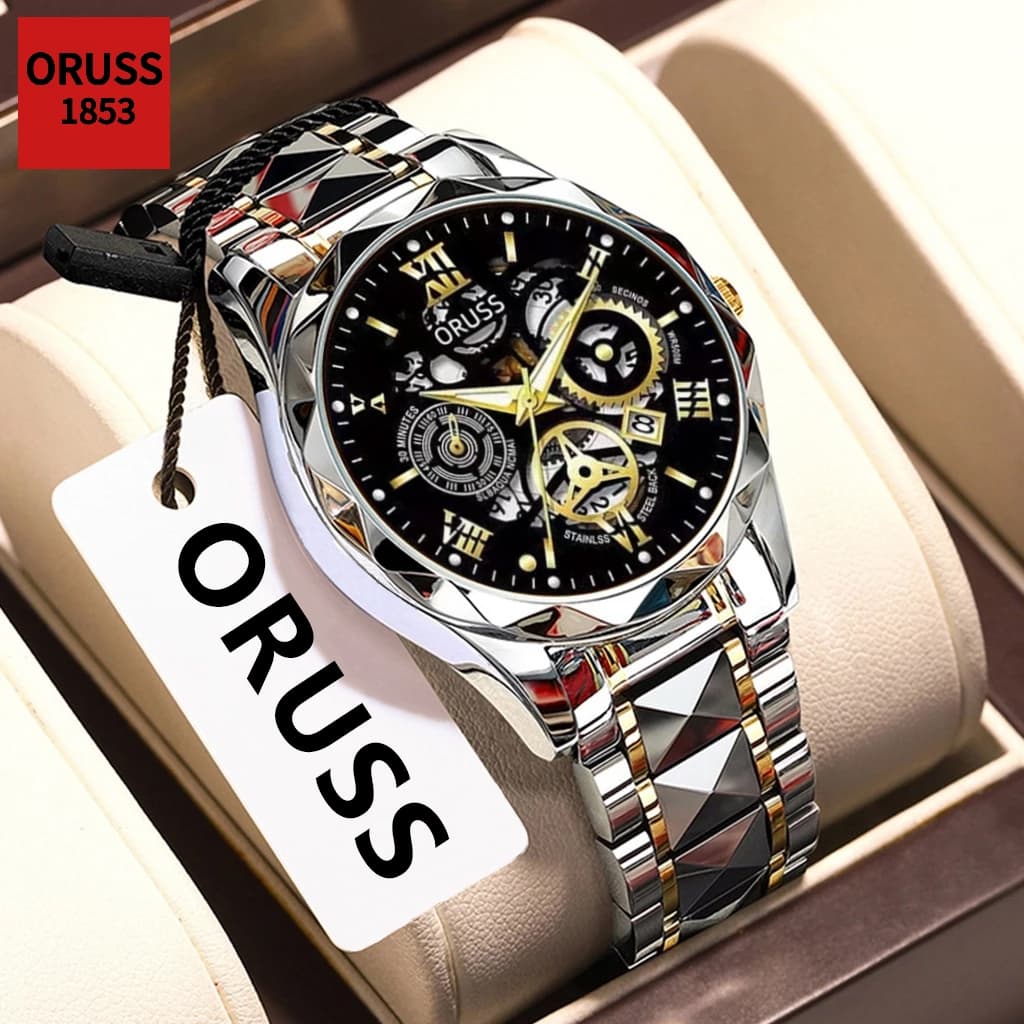 ORUSS Original Masculino Temperamento de Luxo Calendário de Aço Inoxidável Luminoso Relógio de Moda À Prova D 'Água Negó