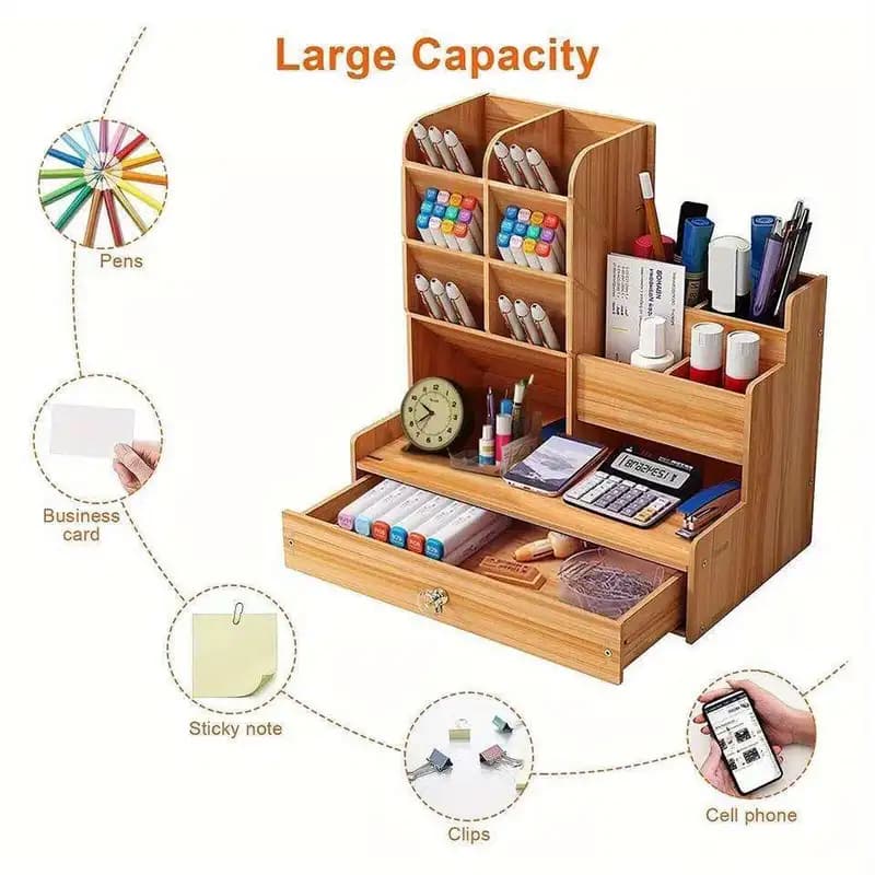 Feito de madeira Organizador De Mesa Com Gaveta E Porta-Canetas, Organizador Multifuncional