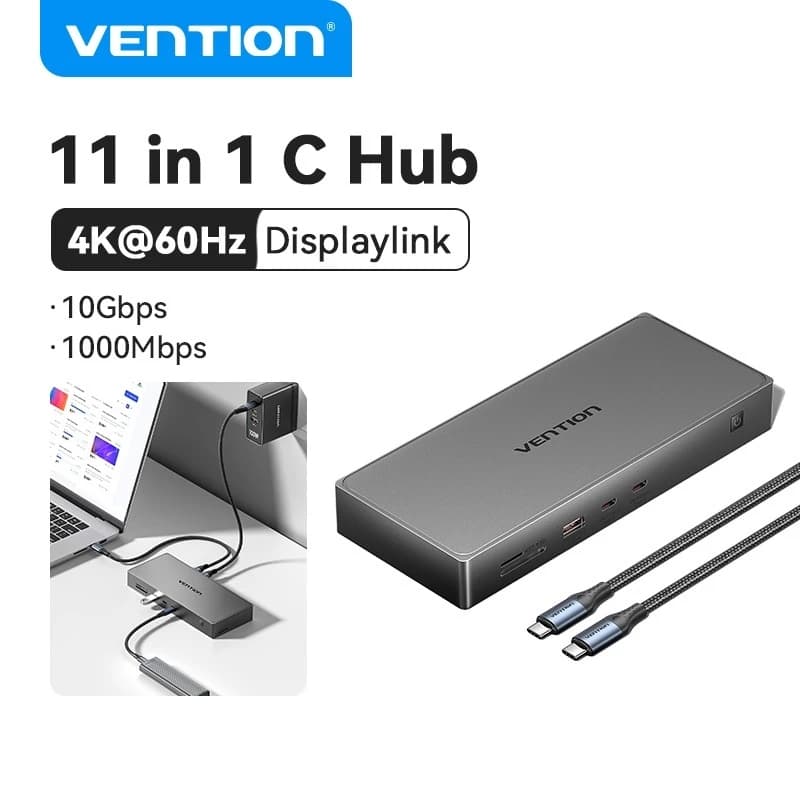 Vention 11 Em 1 USB C HUB Docking Station Monitor Doca 3.2 10Gbps 4K HDMI DP 60Hz RJ45 1000Mbps SD/TF Para Portátil/Comp
