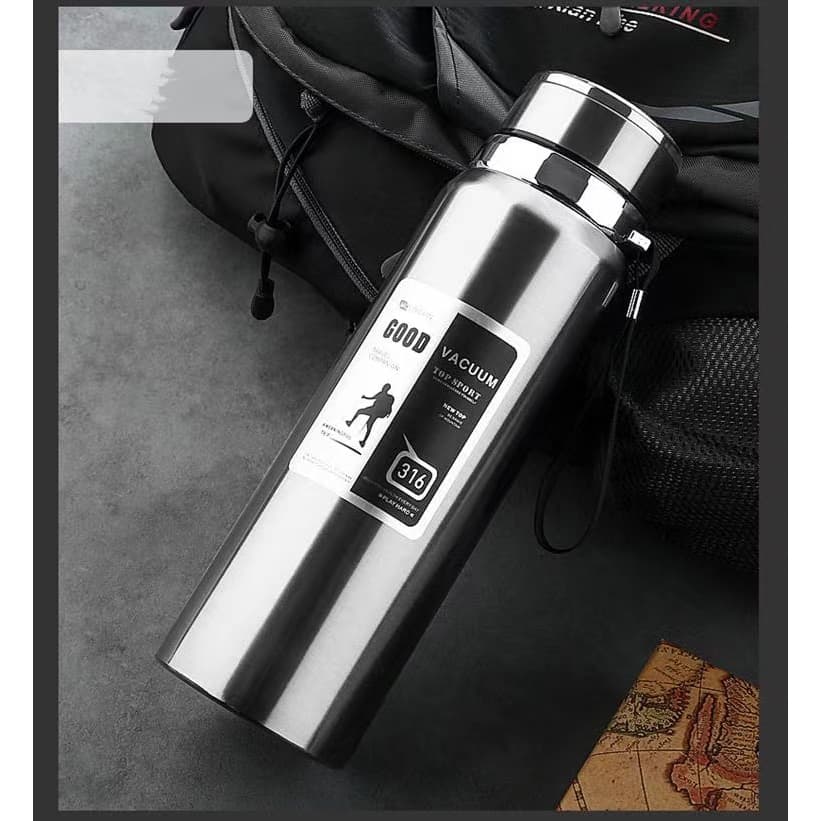 Garrafa 1000ml Inox Térmica Com Infusor Prata De Água Café Parede Dupla Com Alça