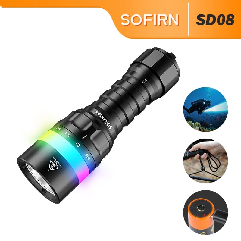 Luz De Mergulho Sofirn SD08 3200 Lúmens , Recarregável USB-C , Liga/Desliga , Equipamento Subaquático Pro