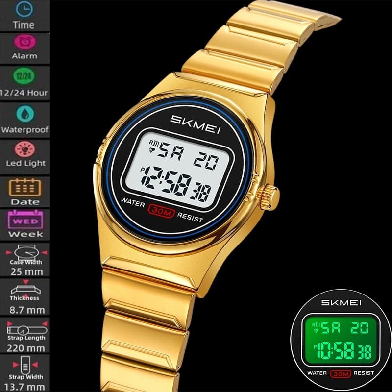 Skmei Relógios Digitais Femininos , Pulseira De Aço De Luxo , Luz LED , Mostrador De Vidro Mineral , Despertador À Prova