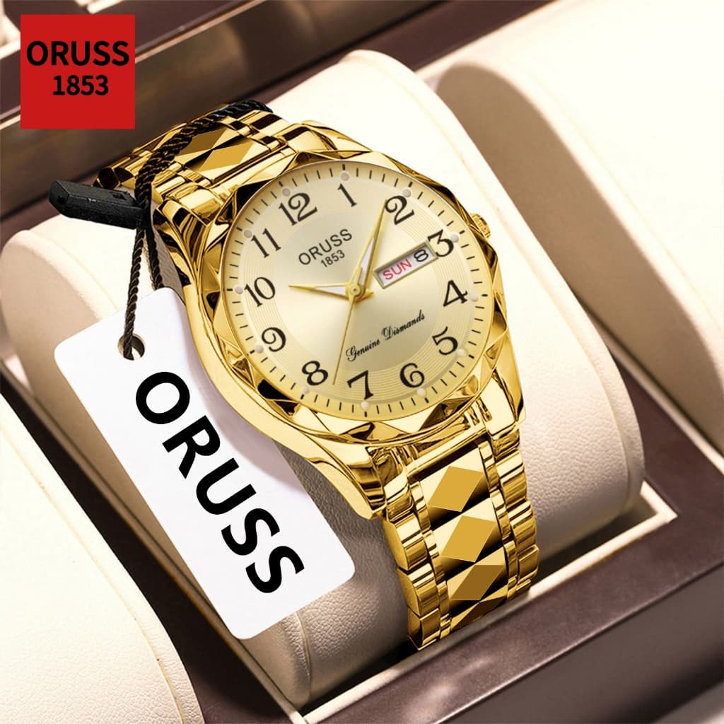 ORUSS Original Masculino Calendário Duplo Luminoso Aço Inoxidável Luxo Ouro Relógio À Prova D 'Água Temperamento Elegant