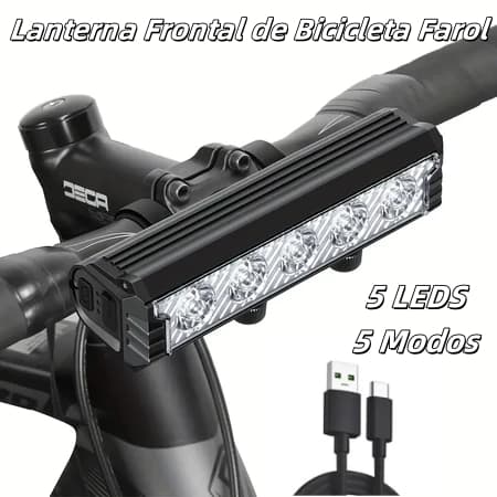 Lanterna Frontal de Bicicleta Farol 5 Leds Alto Brilho 5 Modos de Luz Recarregável