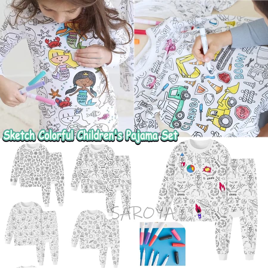DIY Crianças Pijamas Colorir Manga Longa Topo E Calças Arte Cor Sua Própria