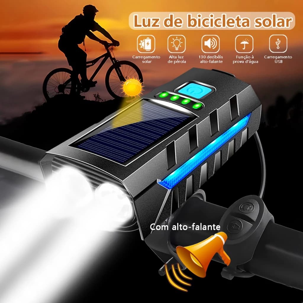 Kit Lanterna Bike Solar Com Buzina E Power Bank 12 Horas Recarregável À Prova D'Água Farol Bicicleta