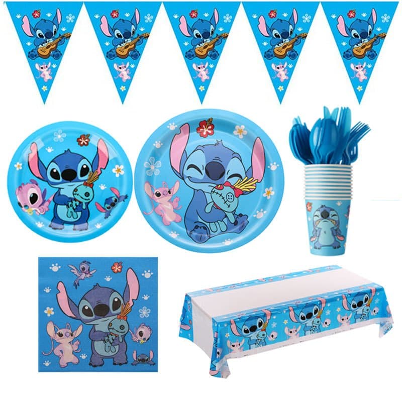 Conjunto De Suprimentos E Decorações Para Festas De Aniversário Infantil Stitch-Inclui Talheres Banner De Feliz