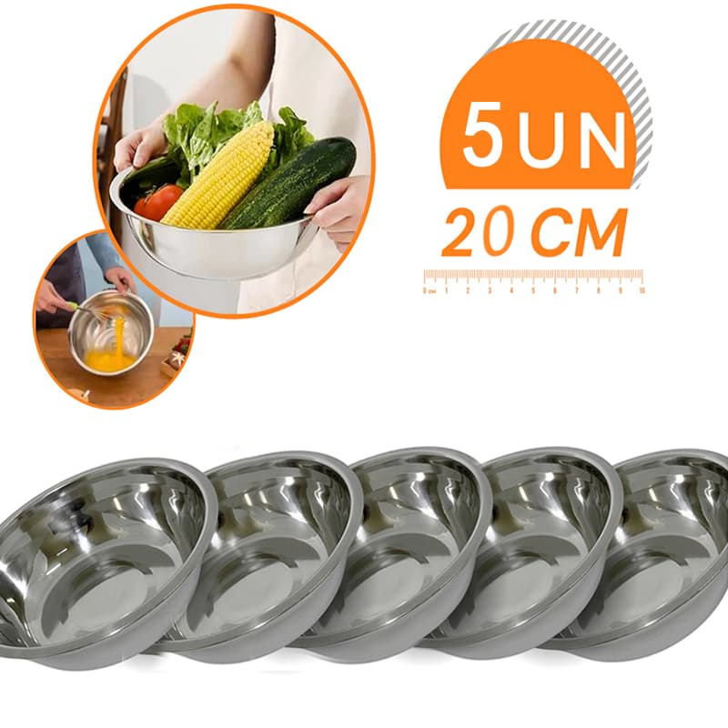 Kit 5 Inox Tigela Saladeira Multiuso Bowl Profissional Fundo Cozinha Gourmet 20 CM