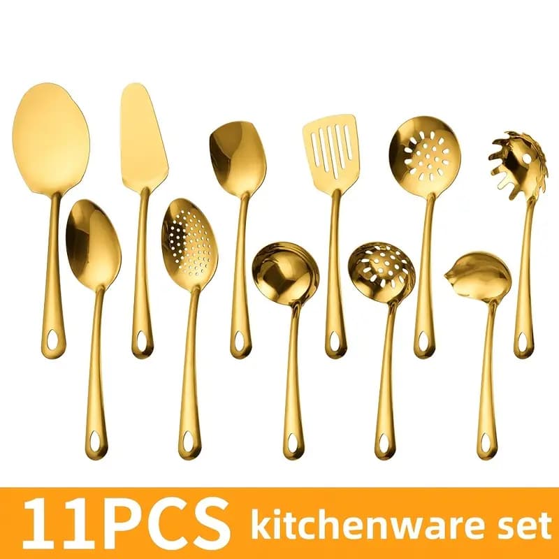 Kit 11 Peças Utensílios de Cozinha Dourado - Espátula Colher Concha Escumadeira Pegador de Pizza