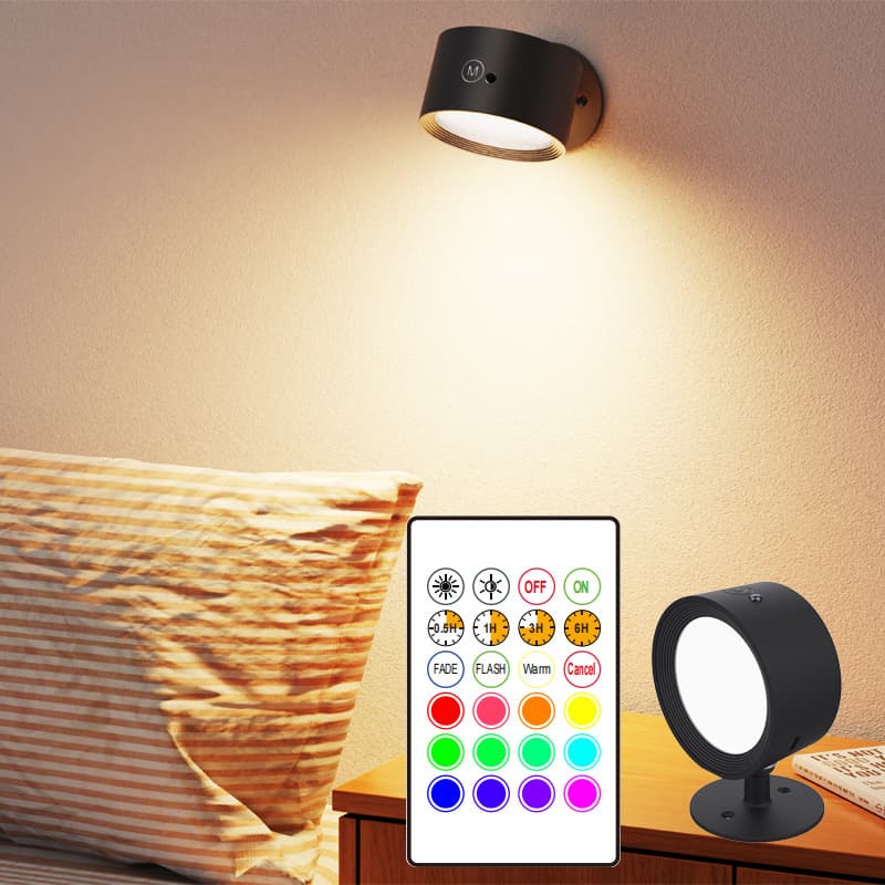 2Pecas Concha de Parede LED Sem Fio Recarregável 360 ° Rotativo USB Alimentado com Controle Remoto