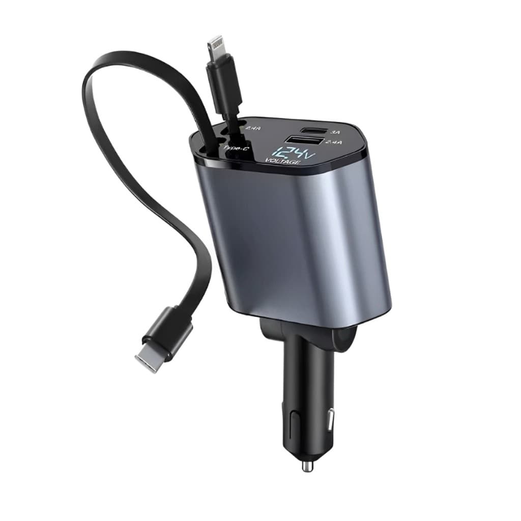 Carregador Veicular Turbo 4 Em 1 Retrátil 120W Com Luz LED Estelar Carregamento Rápido