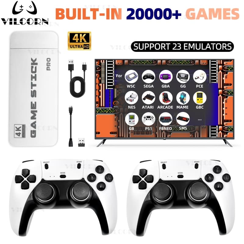 VILCORN 4K HD Game Stick Console De Videogame Retrô 20000 + Jogos Com Controladores Sem Fio 2.4G Suporte Para TV/Projeto