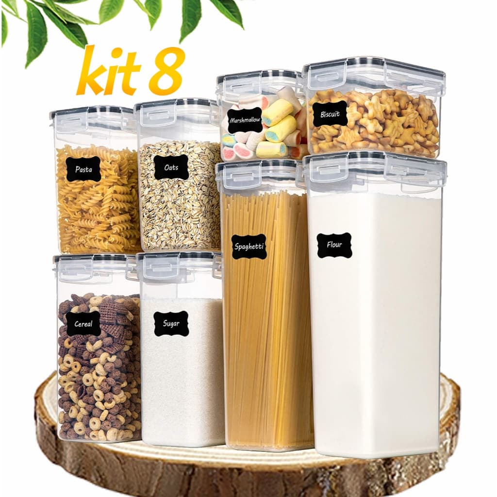 Kit 8 Potes Herméticos Mantimentos 14 L Organiza  COM Etiquetas e canetas