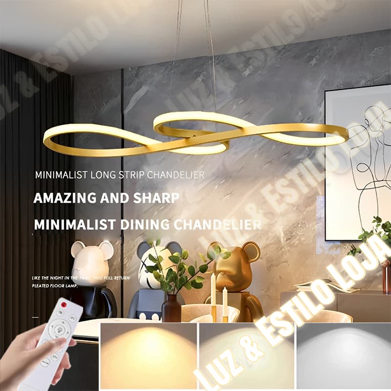 Lustre Pendente de Led 40w Dourado 75cm 3 Cores De Luz controle remoto