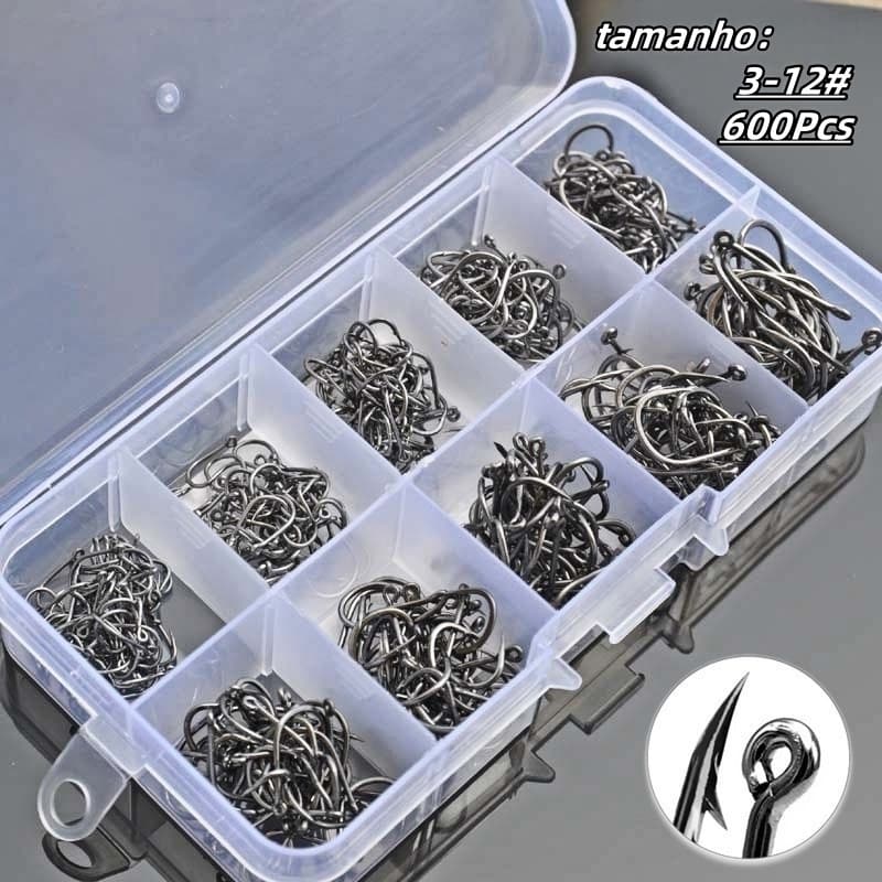 Kit Com 600 Anzóis Aço Carbono + Caixa Pesca Anzol #3 Ao #12 Tamanhos Diferentes Anzóis Sem Furo