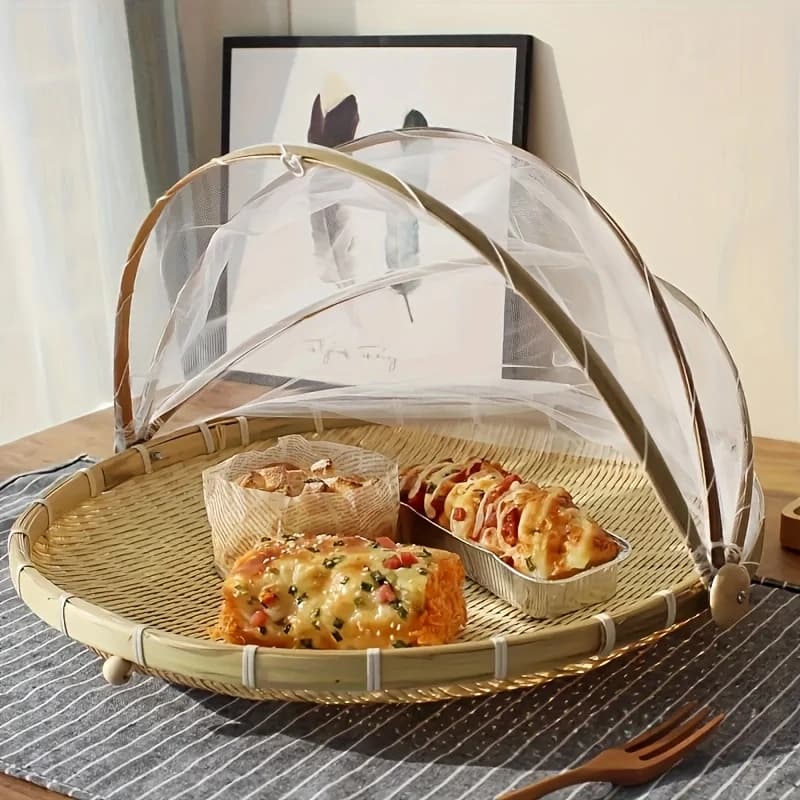 Cesto Porta Pães Bolo Bambu Cobertura Tela Retrátil 46cm