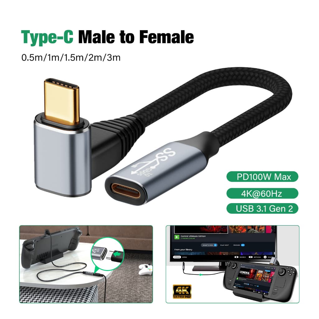 Cabo De Extensão USB-C De Ângulo Reto De 100 W Para Tipo Carregador Rápido De Dados De 10 Gbps