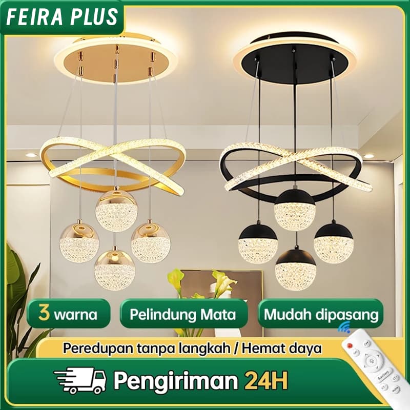 Luminária Pendente LED de com Esferas de Cristal 3 Cores de Luz Controle Remoto Bivolt Ideal para Sala e Quarto