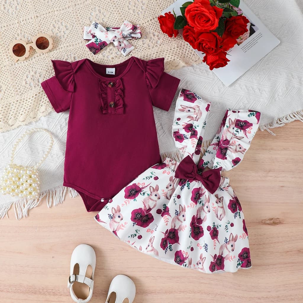 Conjunto De Vestido Vermelho Vinho Para Meninas De 1 A 18 Meses Com Saia Camisola floral E top Laço , Princesa Bebê , Ma