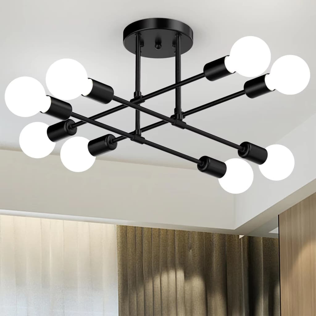 Lustre de teto retrô com vários soquetes E27, 8 lâmpadas pretas para sala de estar, luminária de teto LED moderna e simp