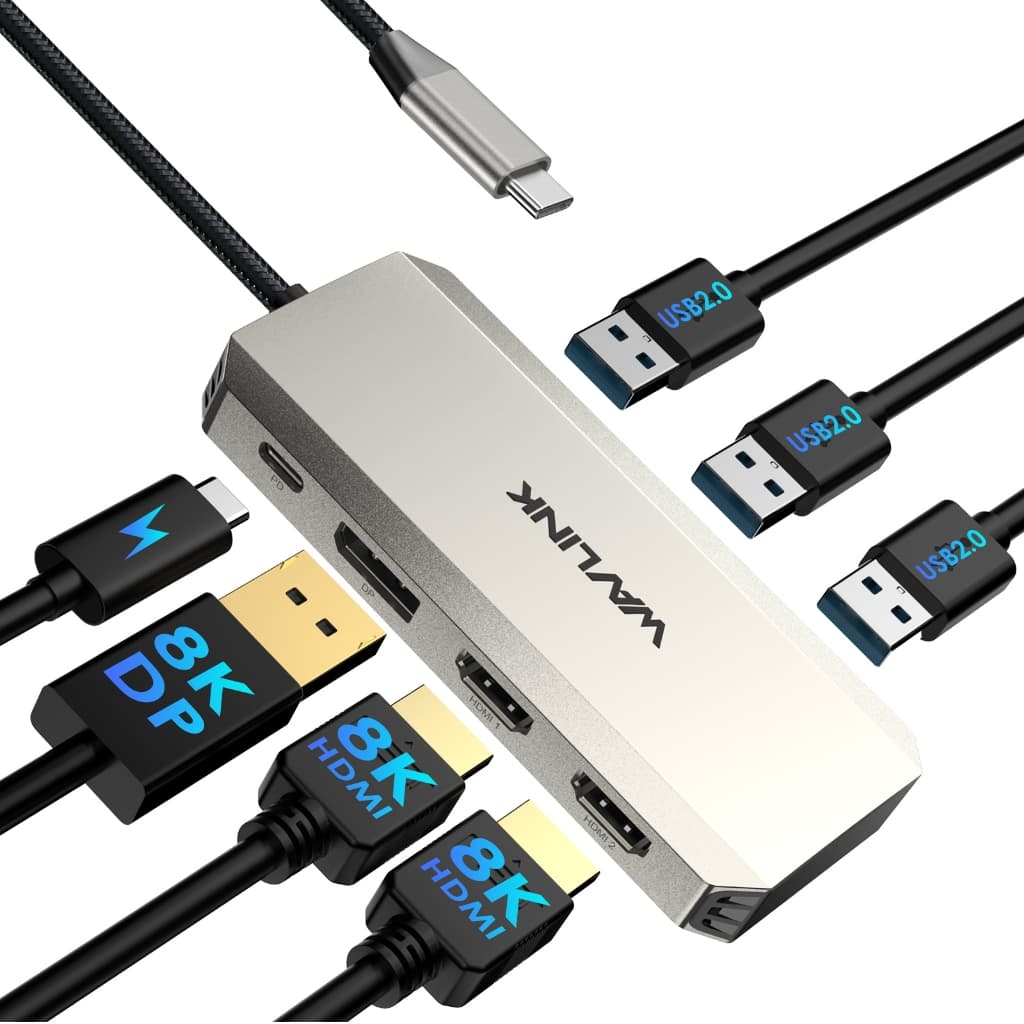 Estação De Acoplamento Para Laptop WAVLINK 7 Em 1 Com Fornecimento De Energia De 95 W , Único 8K Triplo 4K @ 60 Hz DP ,